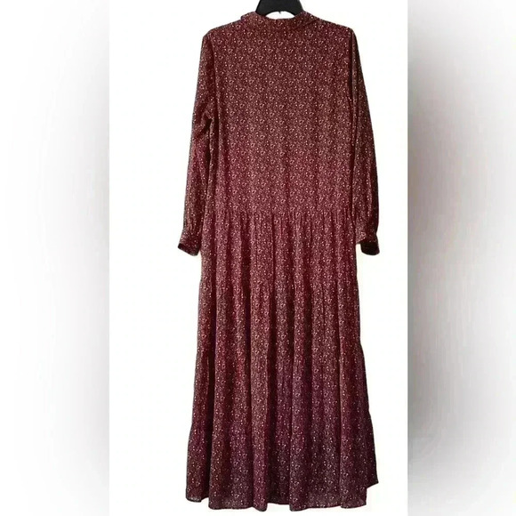 DR2 Collared Long Sleeve Floral  Tiered maxi Shirt Dress Red Wine Sz Medium - Picture 5 of 10